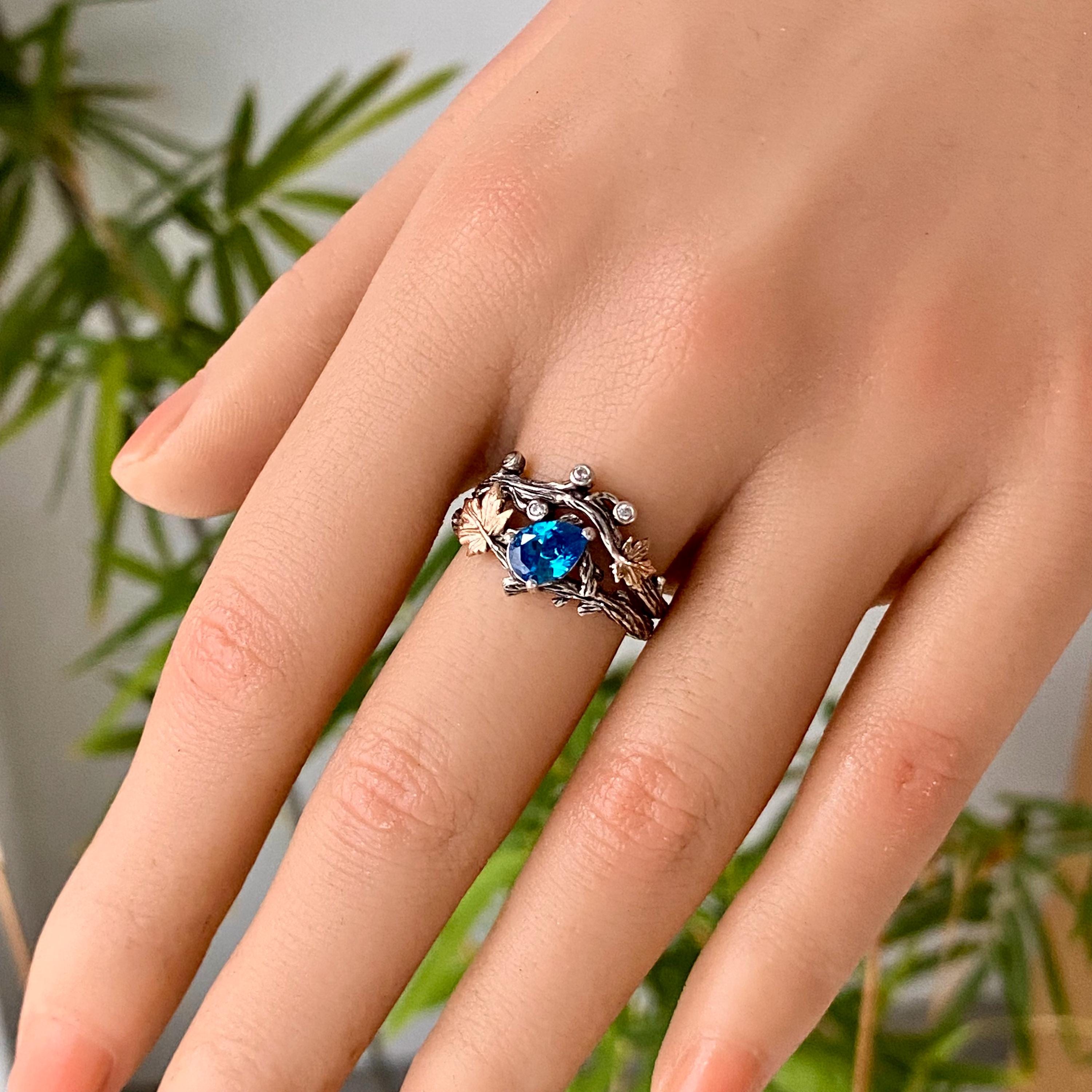 Aquamarine Sterling Silver Branch Ring: Hand Carved Maple Leaf Wedding Ring, Stacking, bridal, Engagement, Forest style, Unique, Vintage