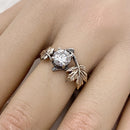 Sterling Silver Maple Leaf Moissanite Ring: Hand Carved Twig Band, Ring with stone, for women, engagement, wedding, April birthstone