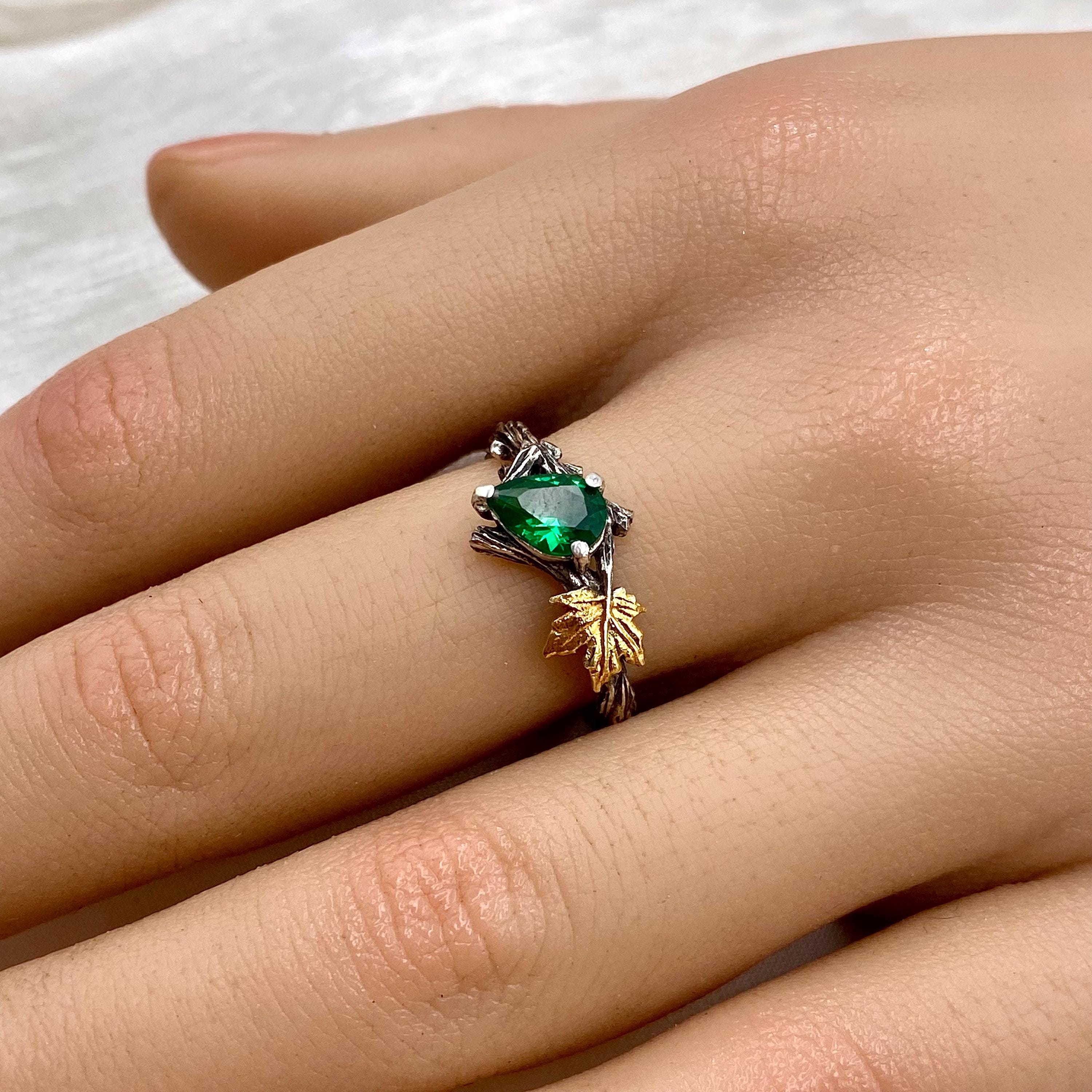 Pear-shaped emerald bark texture sterling silver women's wedding ring, hand-carved maple leaf branch ring, May birthstone ring, twig ring