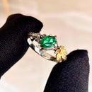 Pear-shaped emerald bark texture sterling silver women's wedding ring, hand-carved maple leaf branch ring, May birthstone ring, twig ring