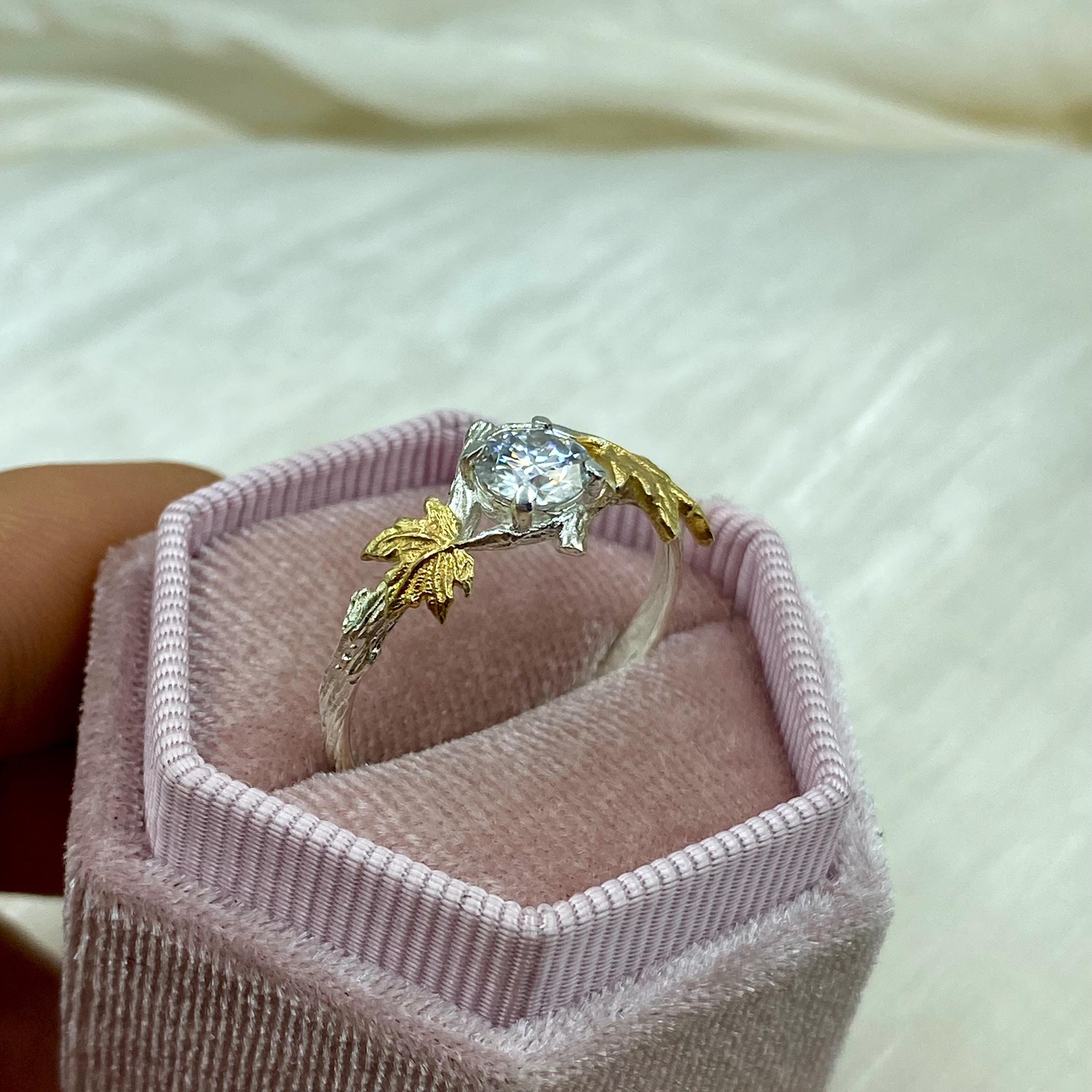 Moissanite Branch Ring: Hand-Carved Sterling Silver Maple Leaf Engagement Ring, Wedding Band, Forest  Style, Bridal gift