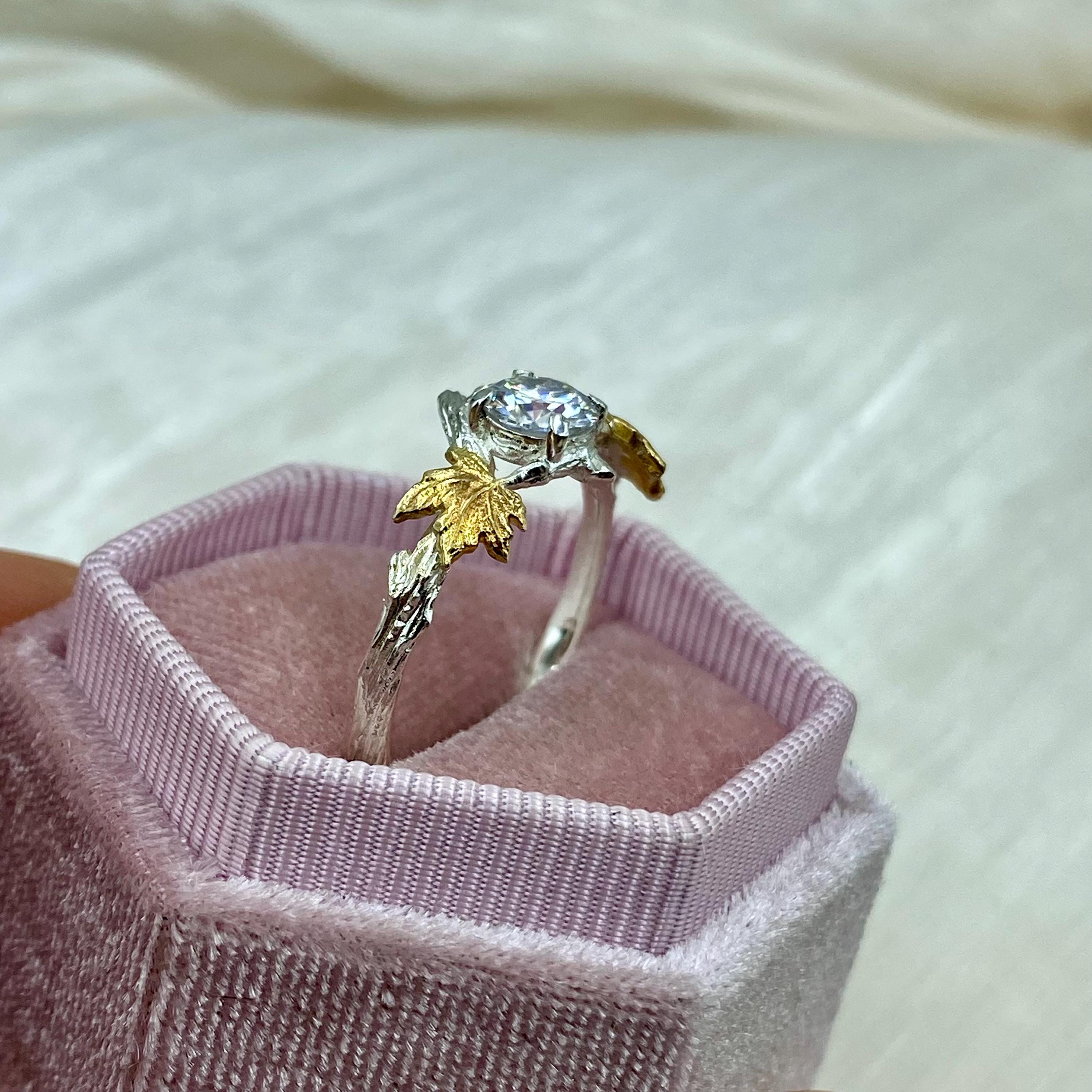 Moissanite Branch Ring: Hand-Carved Sterling Silver Maple Leaf Engagement Ring, Wedding Band, Forest  Style, Bridal gift