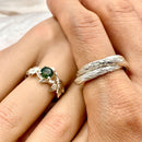Natural moss agate branch couple silver rings, branch maple leaf wedding ring, woodland engagement ring bridal sets, rustic wedding rings