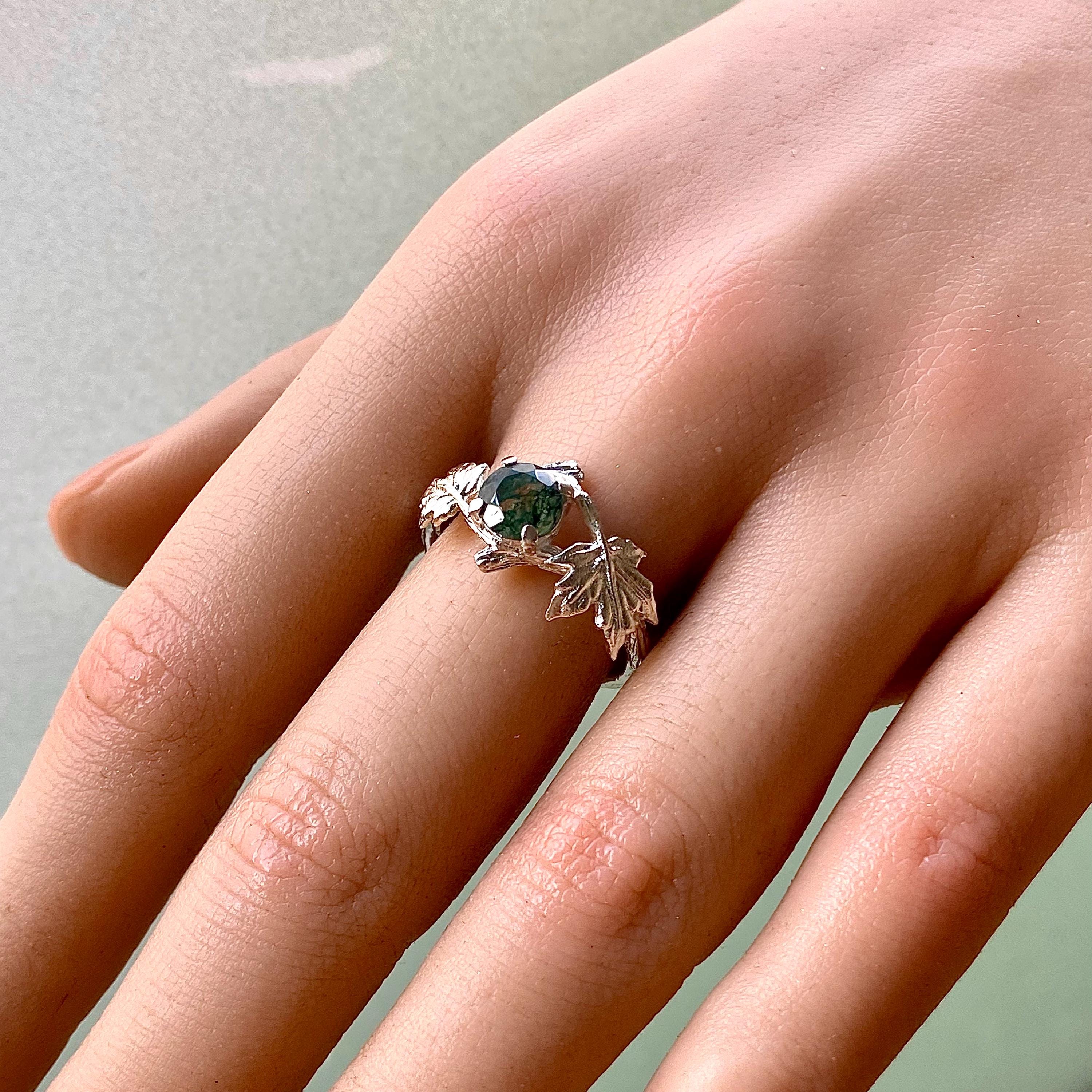 Natural moss agate branch couple silver rings, branch maple leaf wedding ring, woodland engagement ring bridal sets, rustic wedding rings