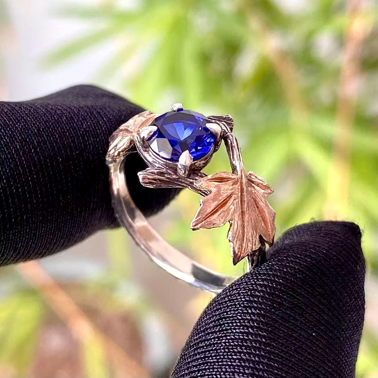Hand-carved vintage forest branch silver ring, natural sapphire maple leaf ring, unique engagement ring, wedding ring for her, promise ring