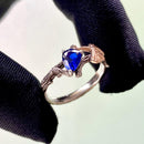 Sterling silver hand-carved ginkgo leaf wedding ring, sapphire vintage engagement ring, branch ring, woodland ring, twig ring with stone