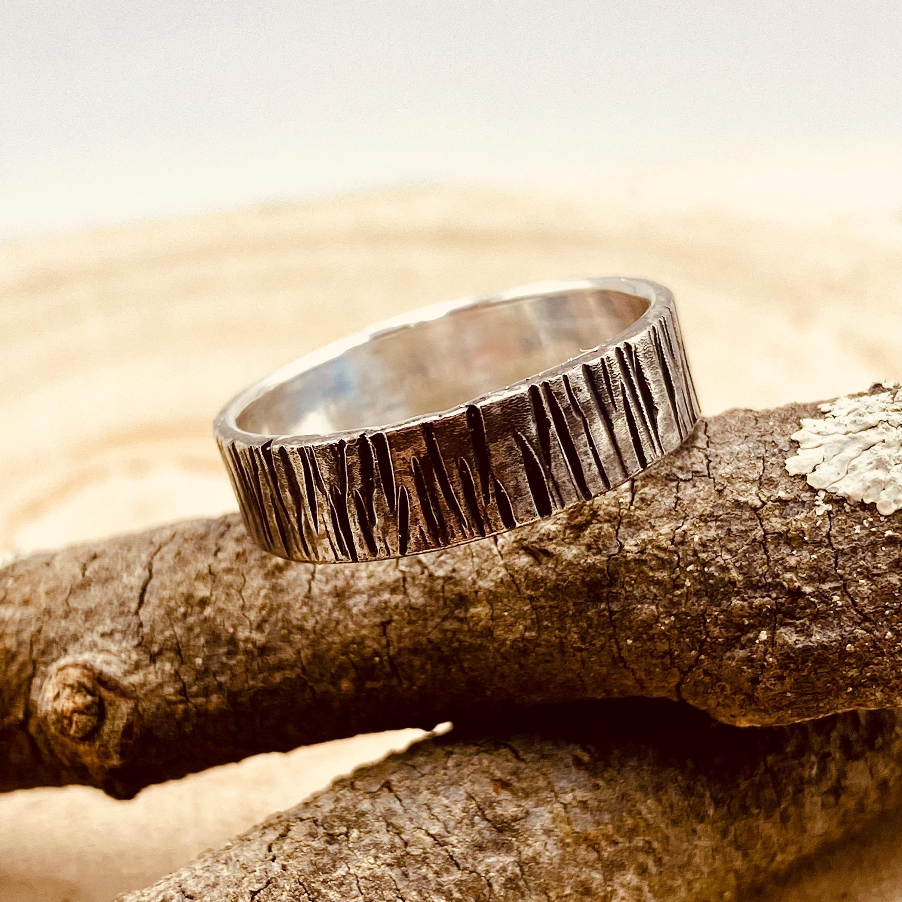 Engraved ring, Hand-carved tree pattern sterling silver S999 personality ring, unique bark ring, men's wedding ring, women vintage bark ring