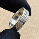 Hand-carved bark texture S999 silver ring, men's wedding ring, women's engagement ring, customizable ring width, engraved ring, couple rings