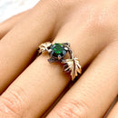 Hand-carved maple leaf emerald sterling silver ring, unique engagement and wedding branch ring, woodland twig ring with stone, engraved ring