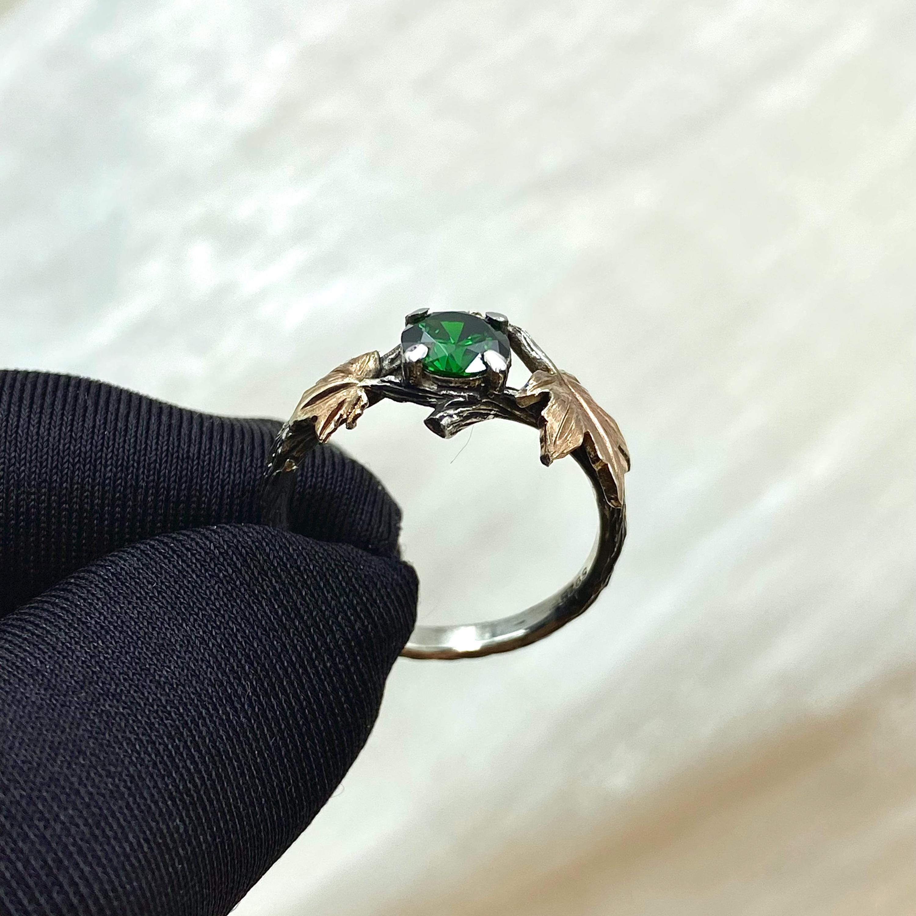 Hand-carved maple leaf emerald sterling silver ring, unique engagement and wedding branch ring, woodland twig ring with stone, engraved ring