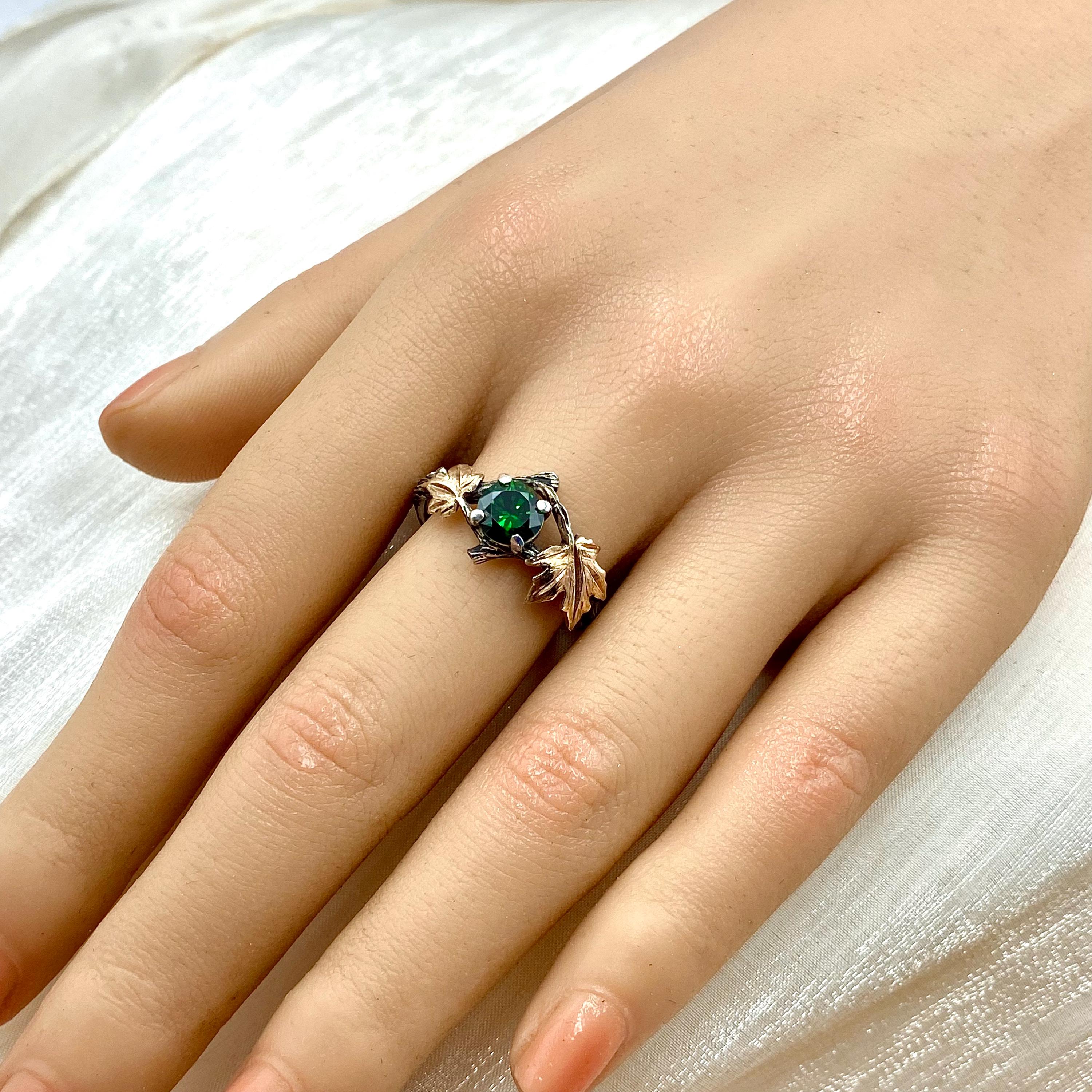 Hand-carved maple leaf emerald sterling silver ring, unique engagement and wedding branch ring, woodland twig ring with stone, engraved ring