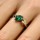 Pear-shaped emerald bark texture sterling silver women's wedding ring, hand-carved maple leaf branch ring, May birthstone ring, twig ring