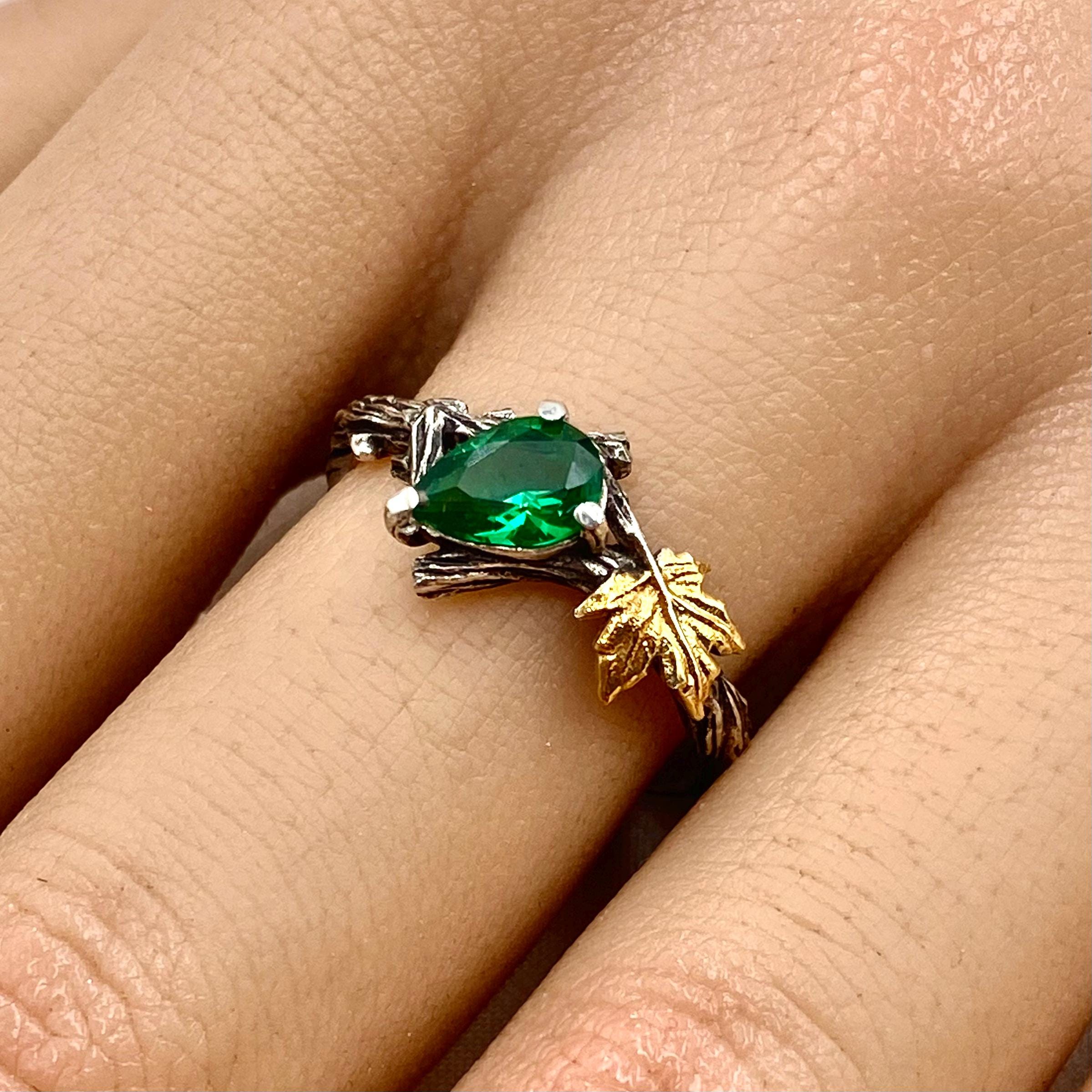 Pear-shaped emerald bark texture sterling silver women's wedding ring, hand-carved maple leaf branch ring, May birthstone ring, twig ring