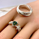 Natural moss agate branch couple silver rings, branch maple leaf wedding ring, woodland engagement ring bridal sets, rustic wedding rings