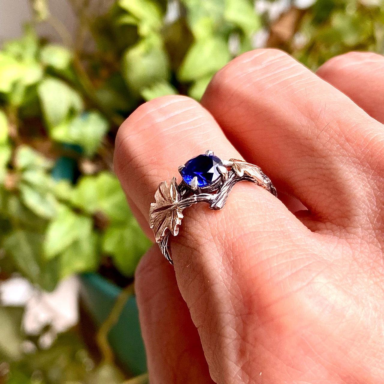 Hand-carved vintage forest branch silver ring, natural sapphire maple leaf ring, unique engagement ring, wedding ring for her, promise ring