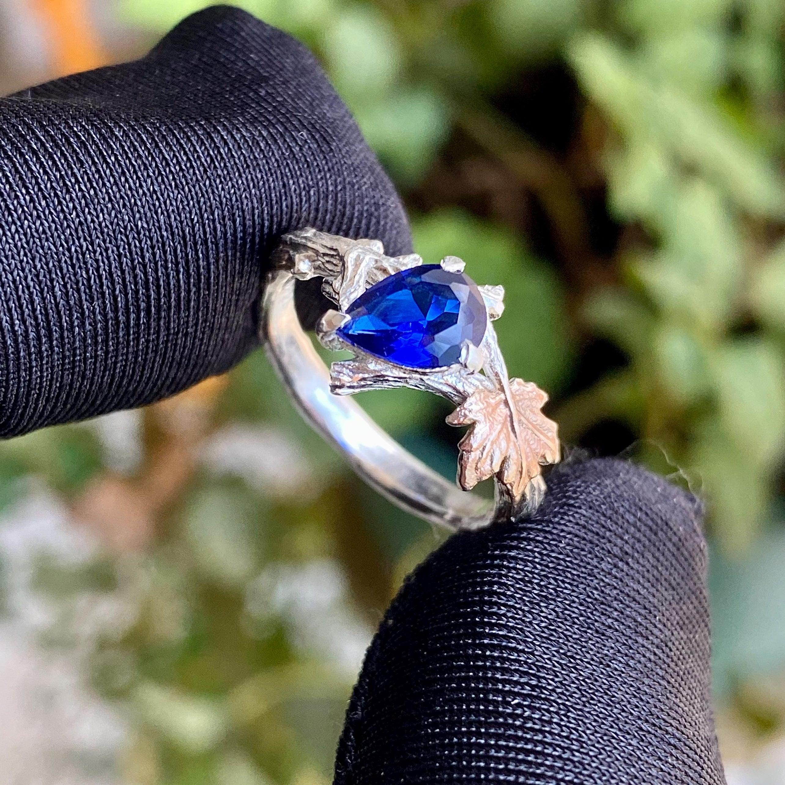 Sapphire S925 sterling silver maple leaf branch ring, hand carved, twig and leaf ring, engagement, promise ring, forest bark ring
