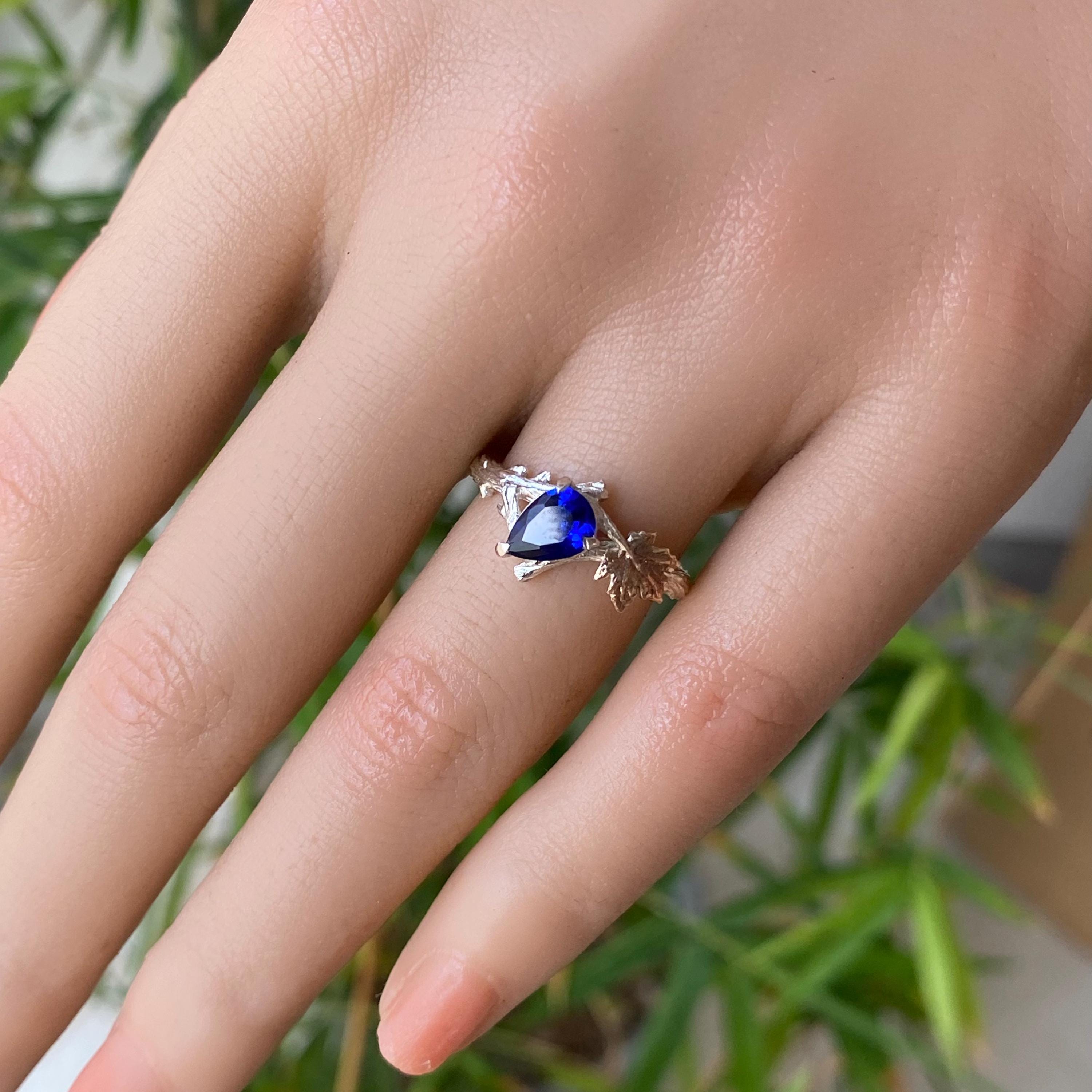 Sapphire S925 sterling silver maple leaf branch ring, hand carved, twig and leaf ring, engagement, promise ring, forest bark ring