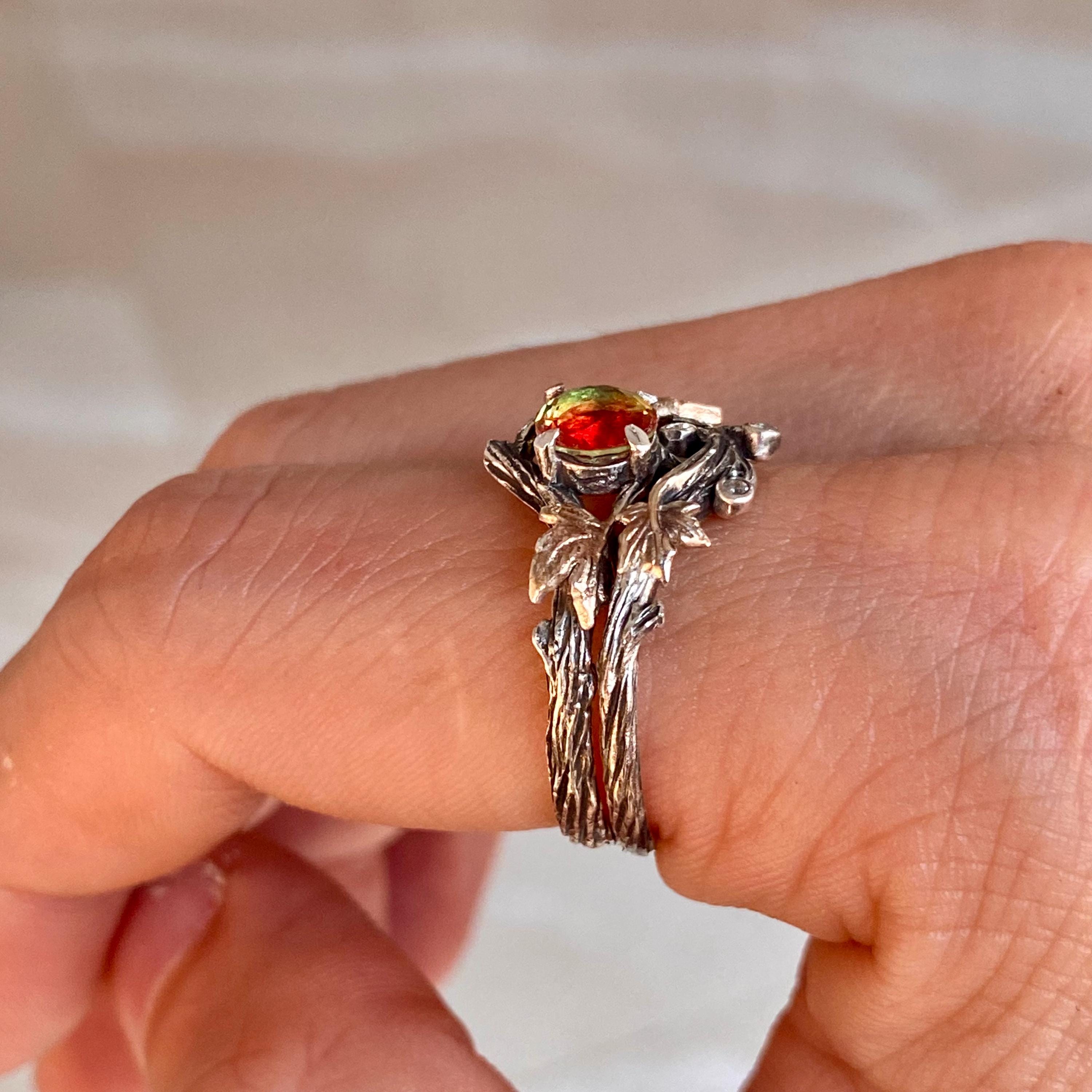 Sterling silver branch watermelon tourmaline maple leaf stacking ring, women's twig wedding ring, woodland ring, hand-carved tree pattern