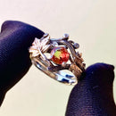 Sterling silver branch watermelon tourmaline maple leaf stacking ring, women's twig wedding ring, woodland ring, hand-carved tree pattern