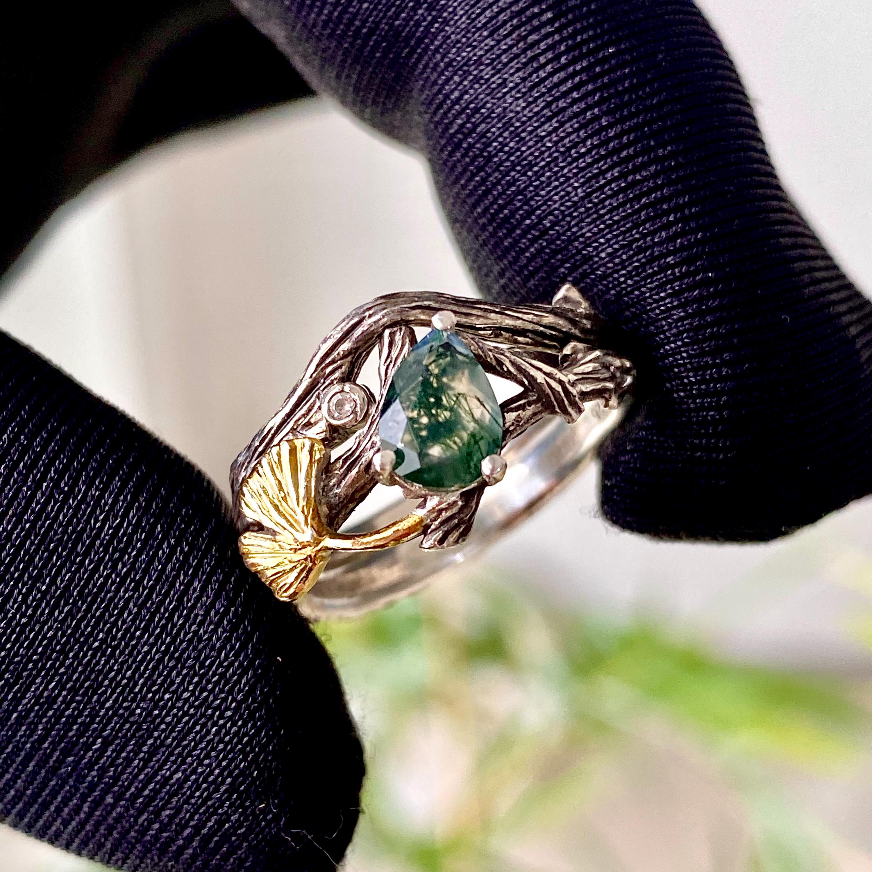 Sterling silver natural moss agate stacked branch ring, gold ginkgo leaf branch ring, women's twig wedding ring, hand carved engagement ring