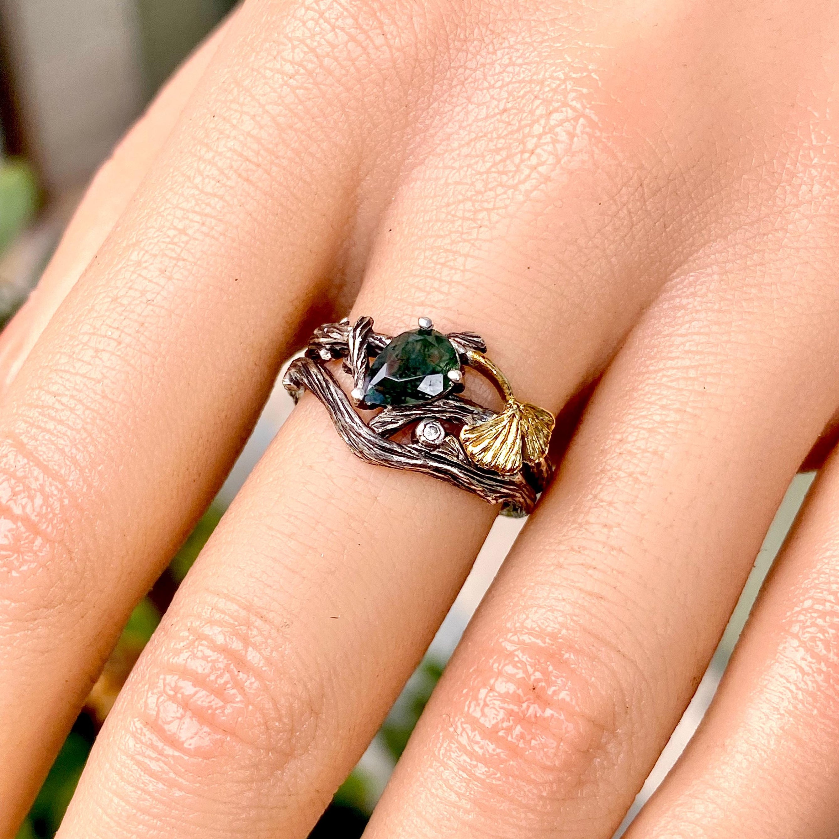 Sterling silver natural moss agate stacked branch ring, gold ginkgo leaf branch ring, women's twig wedding ring, hand carved engagement ring