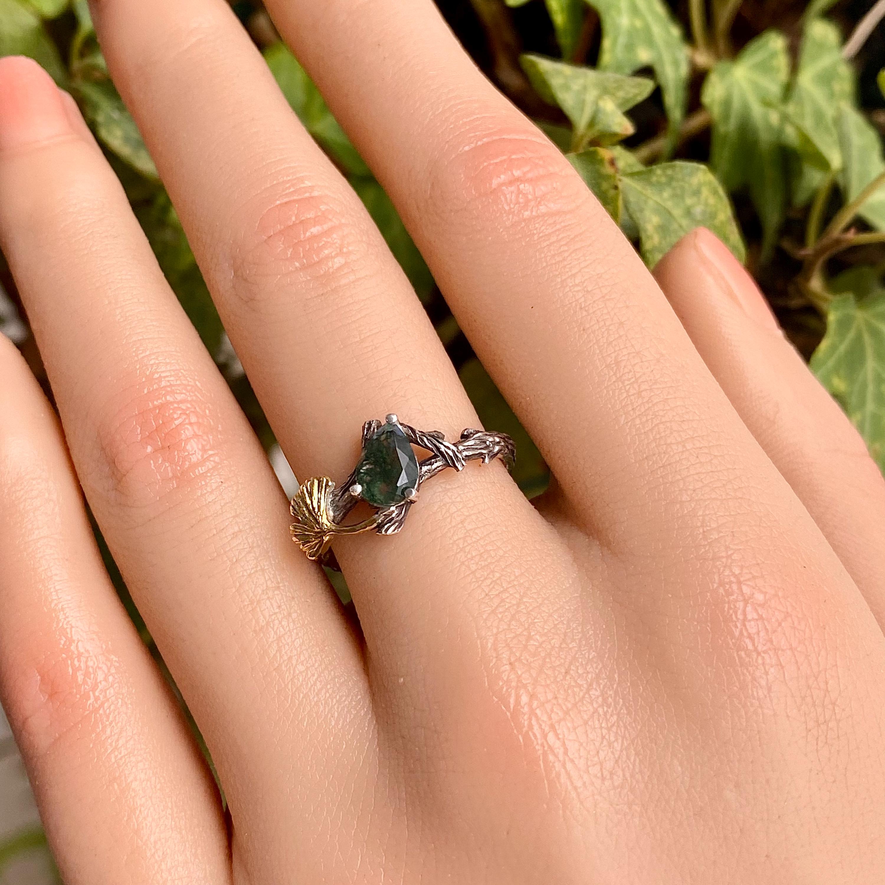 S925 Sterling Silver Natural Moss Agate Branch Ring, Ginkgo Leaf Wedding Ring, Hand-Carved Female Branch Engagement Ring with Gemstone