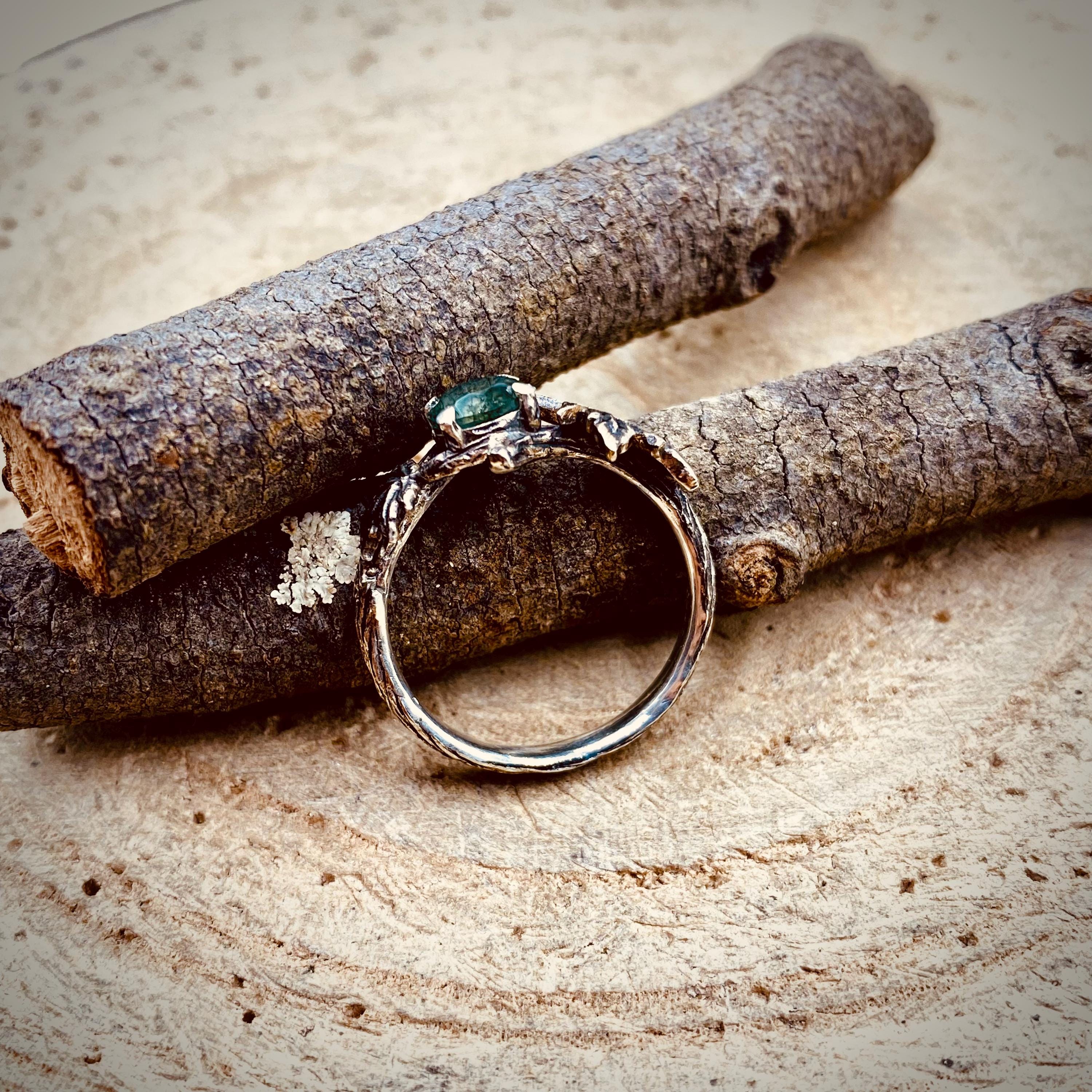 Sterling silver hand-carved branch ring, unique woodland maple leaf ring, natural moss agate wedding twig ring, anniversary ring
