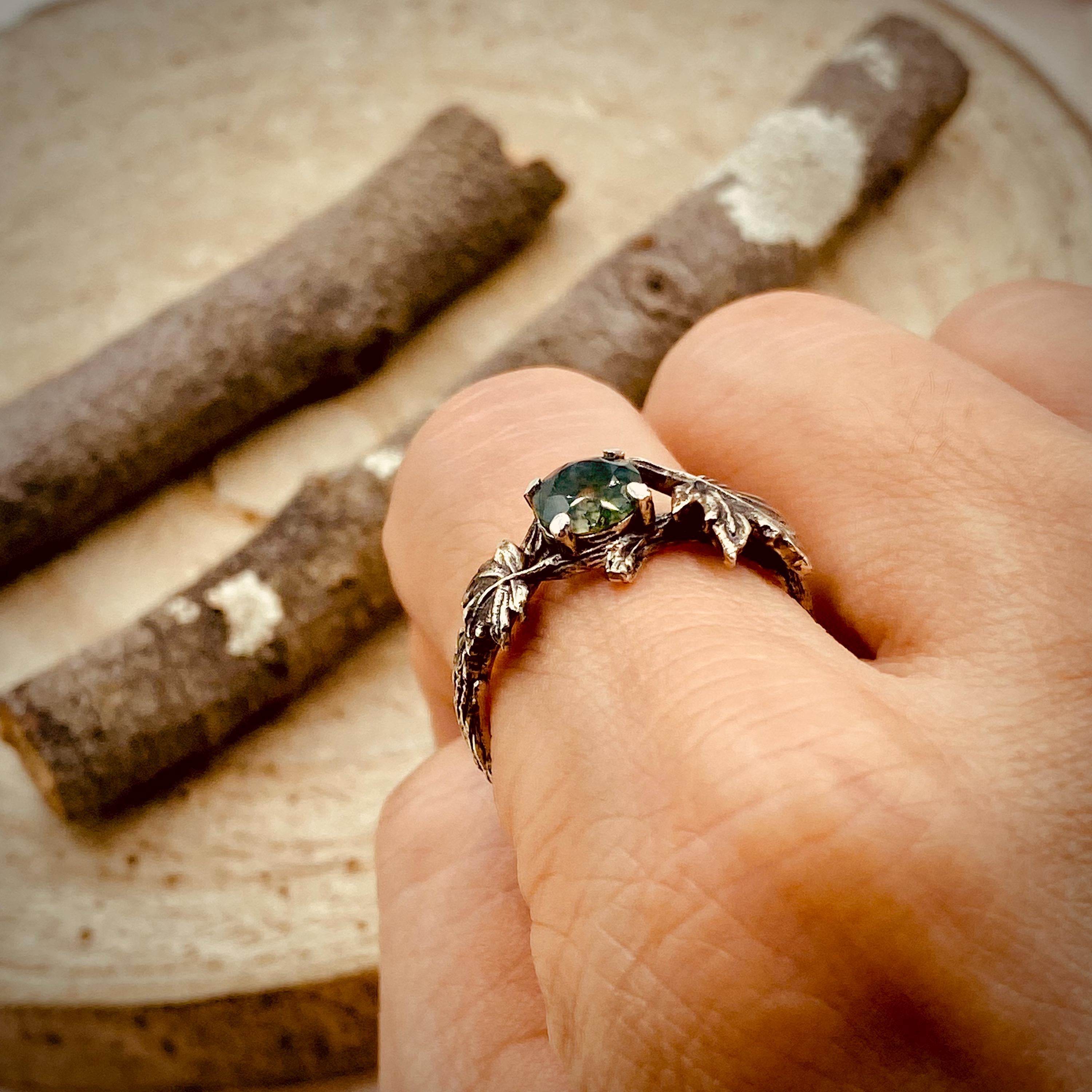 Sterling silver hand-carved branch ring, unique woodland maple leaf ring, natural moss agate wedding twig ring, anniversary ring