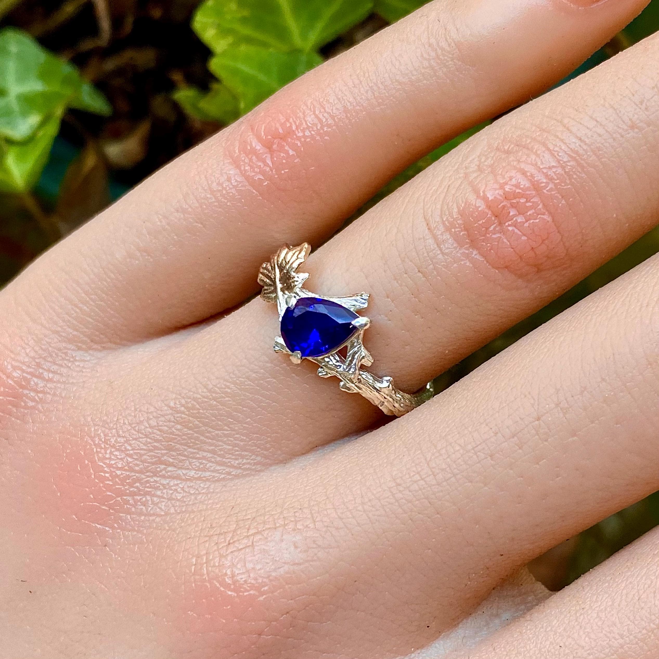 Sapphire S925 sterling silver maple leaf branch ring, hand carved, twig and leaf ring, engagement, promise ring, forest bark ring