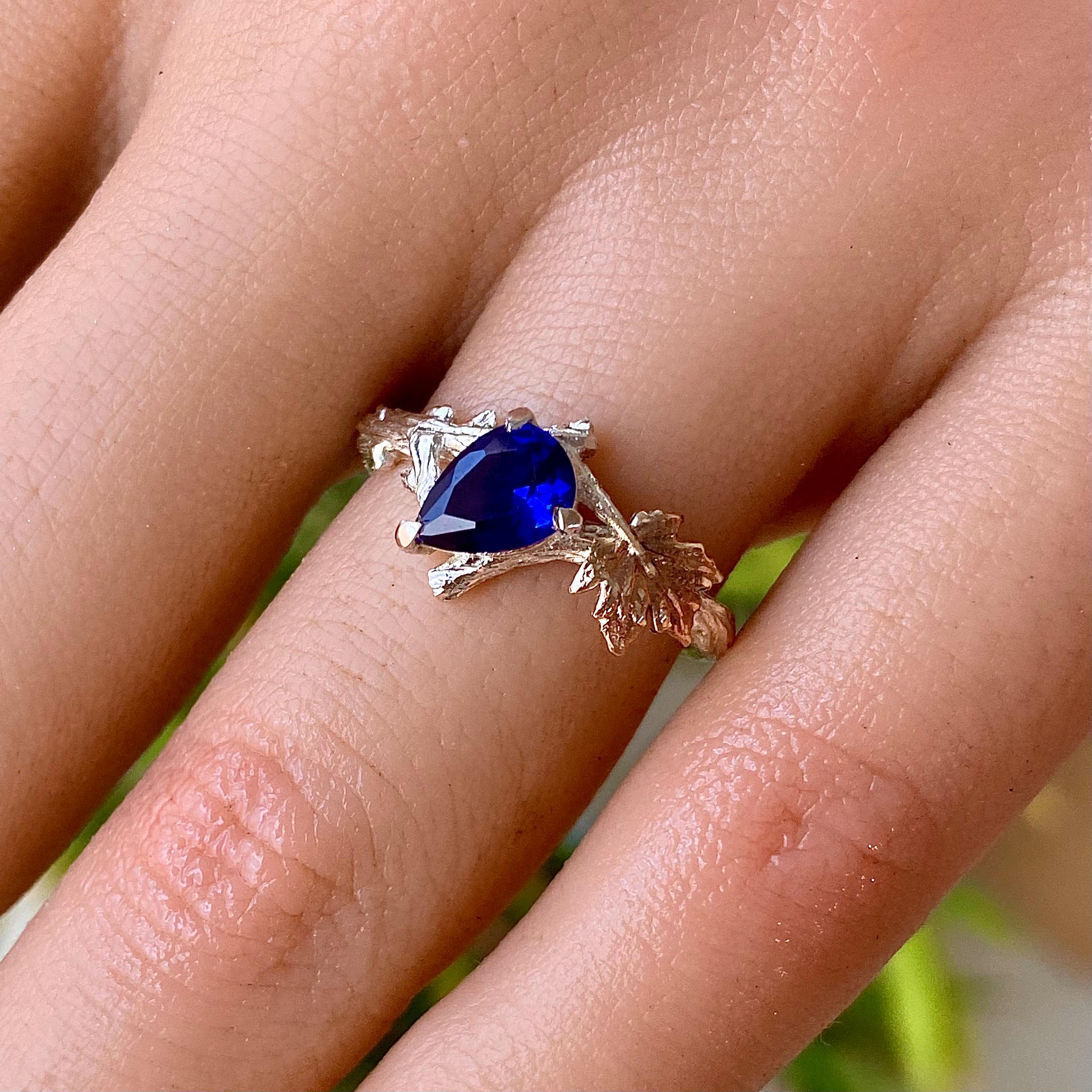 Sapphire S925 sterling silver maple leaf branch ring, hand carved, twig and leaf ring, engagement, promise ring, forest bark ring