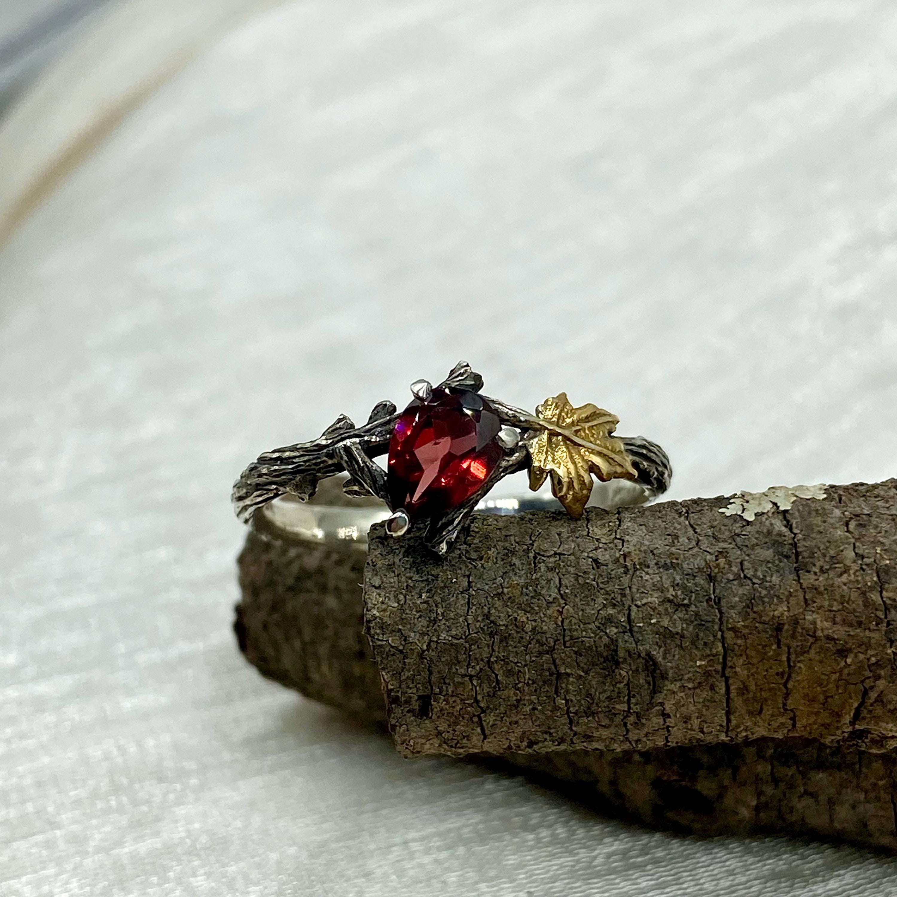 Unique garnet branch silver ring, hand-carved tree pattern wedding ring with maple leaf, personalized twig ring for women with stone