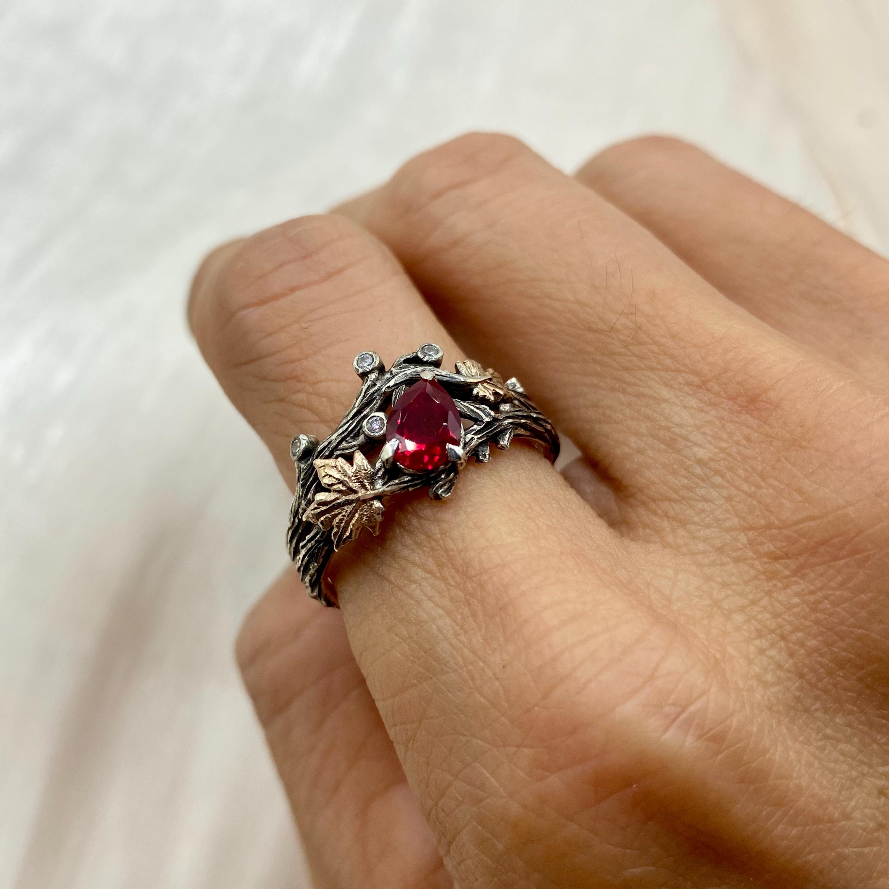 Unique natural inspiration pure silver branch ring set, maple leaf ruby engagement ring set, branch leaf stacking ring set, promise ring