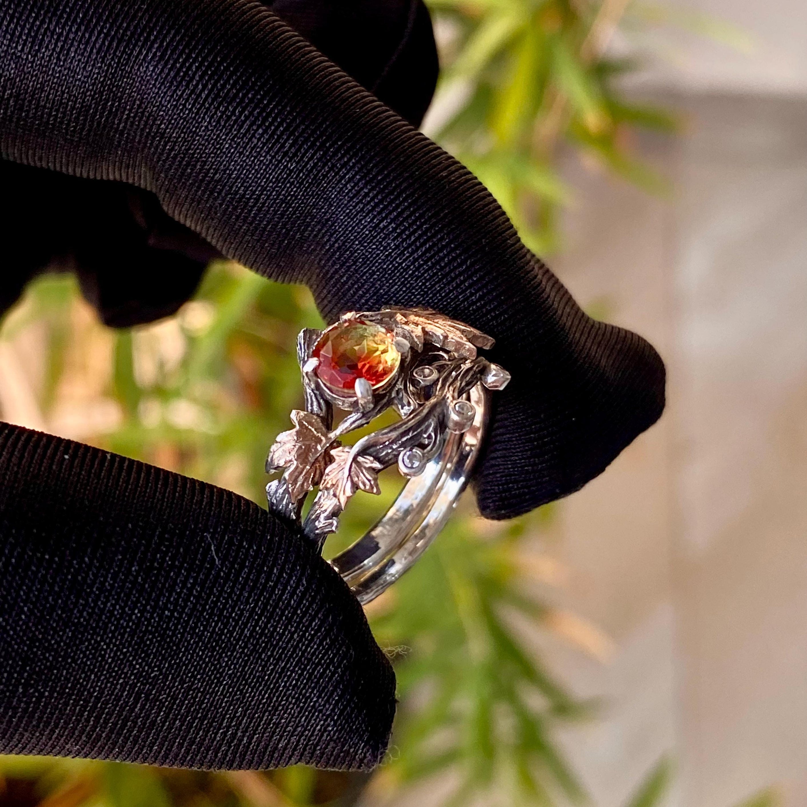 Sterling silver branch watermelon tourmaline maple leaf stacking ring, women's twig wedding ring, woodland ring, hand-carved tree pattern