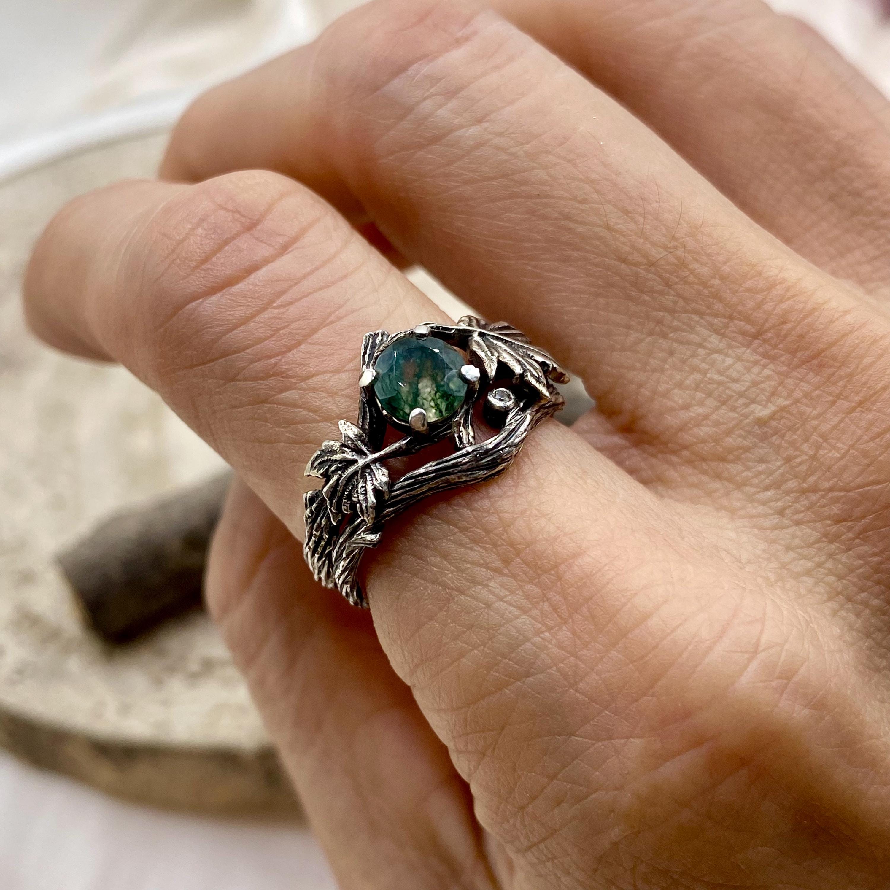 Natural moss agate silver branch ring: Stacking band, hand-carved wedding, twig and maple leaf, Wedding, Engagement, Custom gemstone