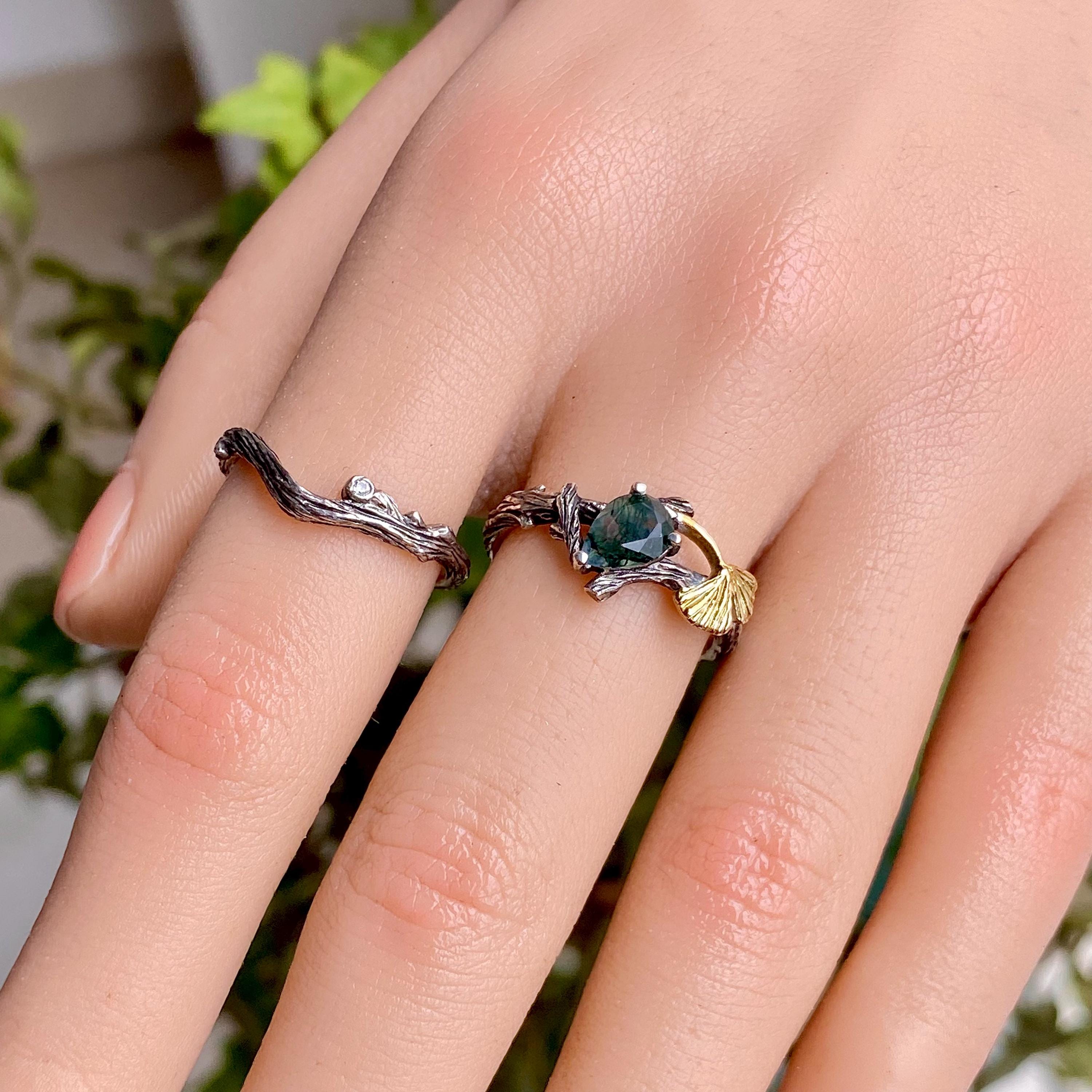 Sterling silver natural moss agate stacked branch ring, gold ginkgo leaf branch ring, women's twig wedding ring, hand carved engagement ring