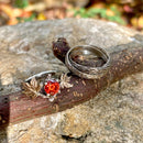 Vintage sterling silver branch and leaf couple rings, Padparadscha wedding twig ring set, maple leaf wedding ring, vintage men's twig ring