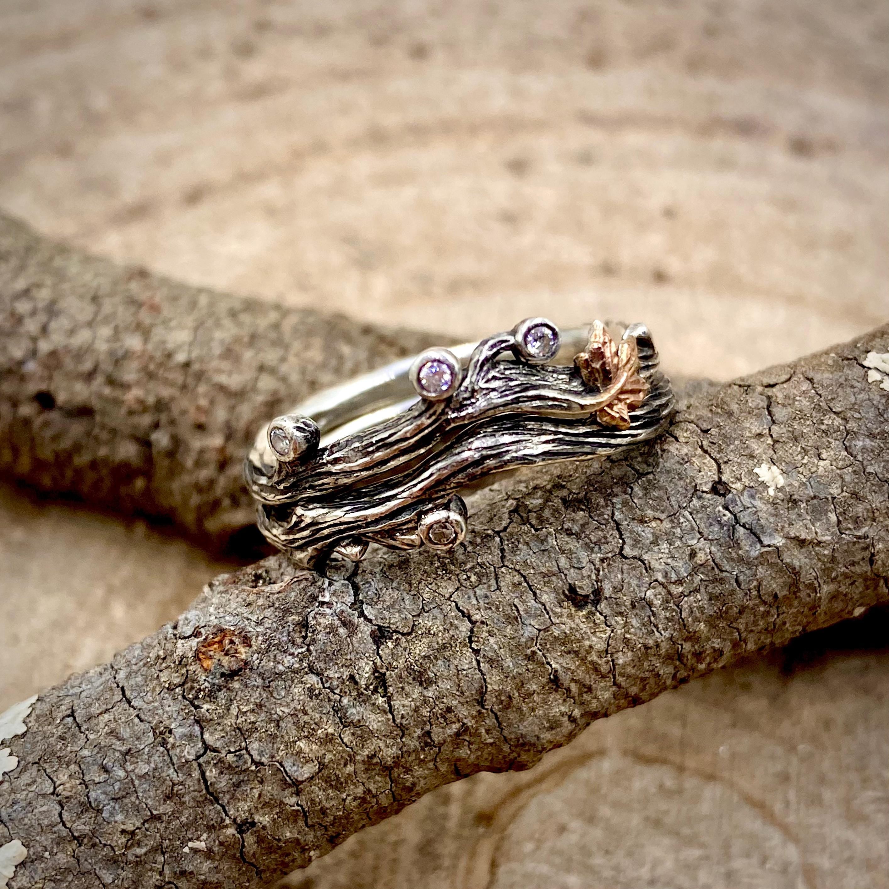 Sterling silver twig and leaf ring, nature-inspired maple leaf ring, vine wedding ring, enchanted forest ring, tree branch ring