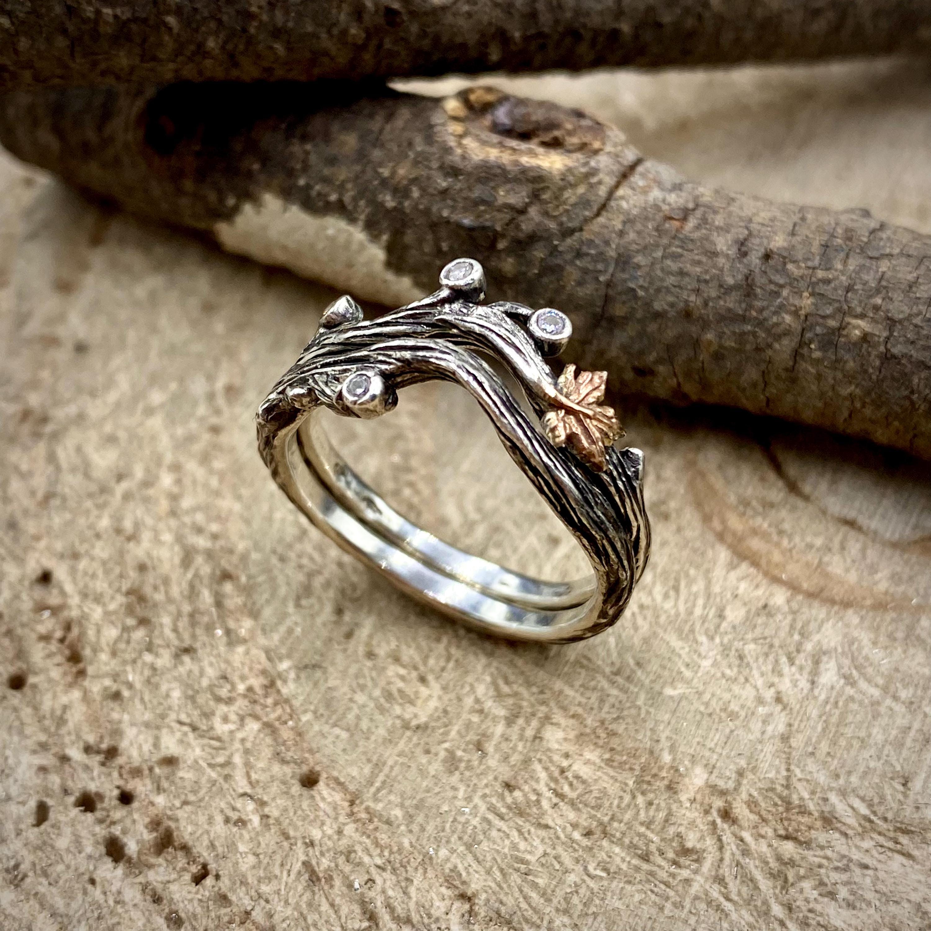 Sterling silver twig and leaf ring, nature-inspired maple leaf ring, vine wedding ring, enchanted forest ring, tree branch ring