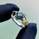 S925 Sterling Silver Natural Moss Agate Branch Ring, Ginkgo Leaf Wedding Ring, Hand-Carved Female Branch Engagement Ring with Gemstone