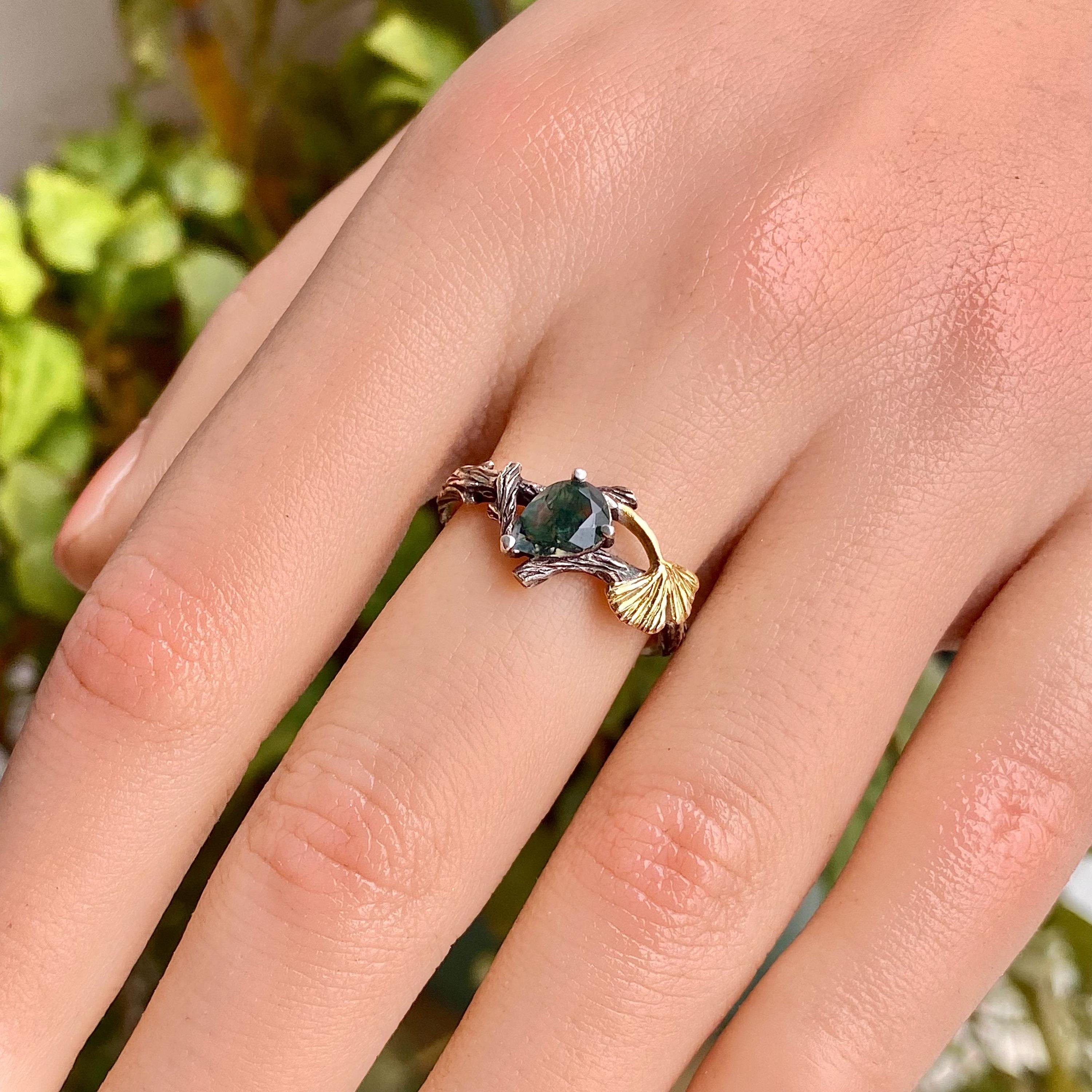 S925 Sterling Silver Natural Moss Agate Branch Ring, Ginkgo Leaf Wedding Ring, Hand-Carved Female Branch Engagement Ring with Gemstone