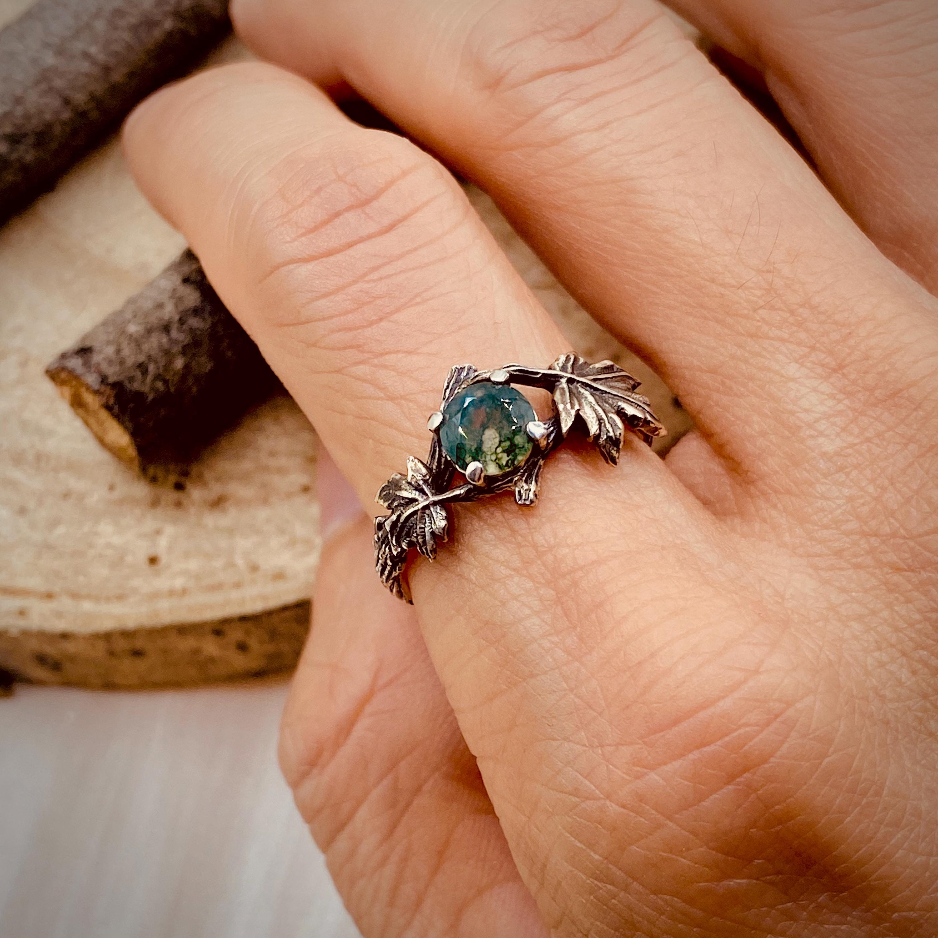 Sterling silver hand-carved branch ring, unique woodland maple leaf ring, natural moss agate wedding twig ring, anniversary ring