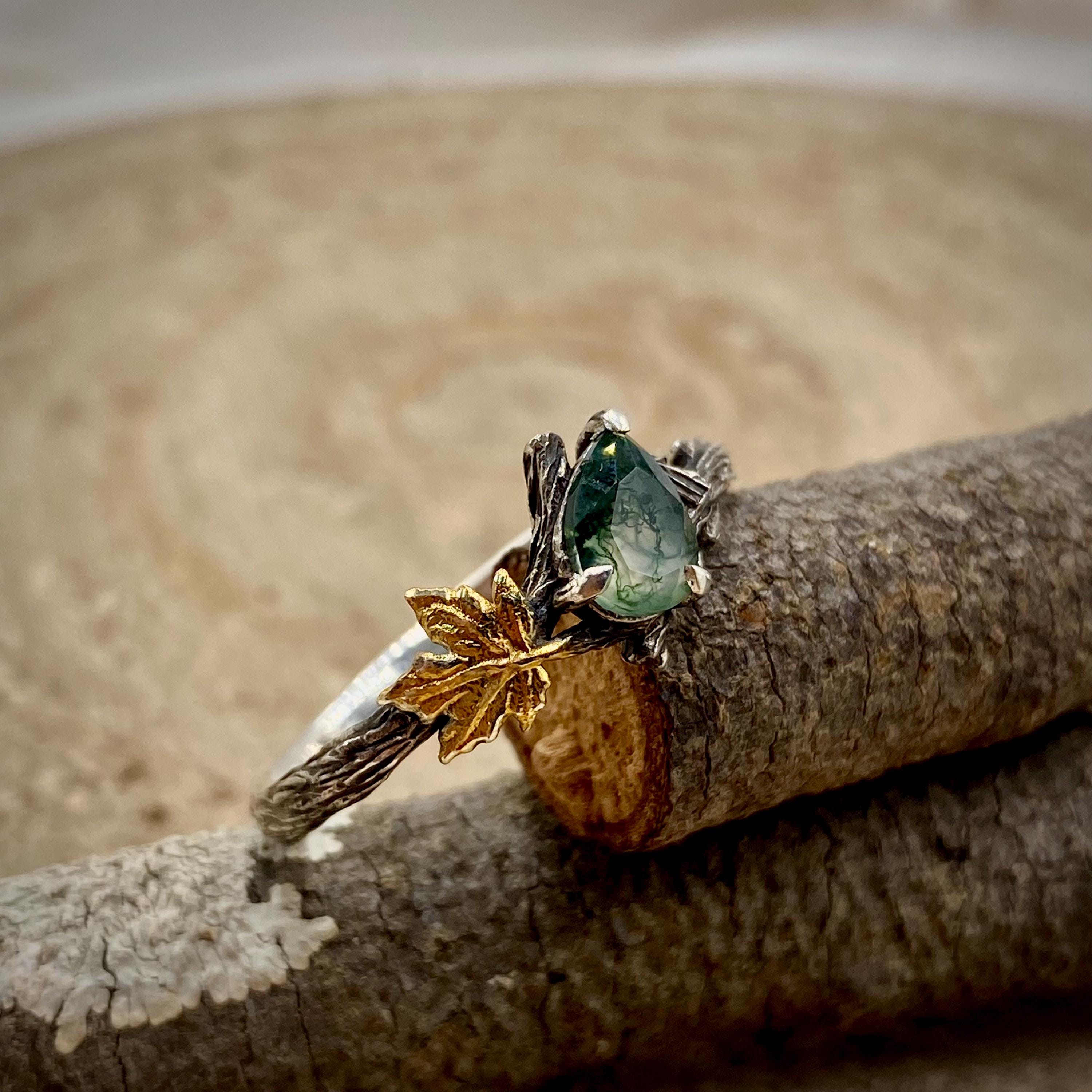 Natural moss agate sterling silver maple leaf branch ring, hand-carved with bark texture, personalized engagement ring, wedding twig ring
