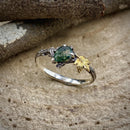 Natural moss agate sterling silver maple leaf branch ring, hand-carved with bark texture, personalized engagement ring, wedding twig ring