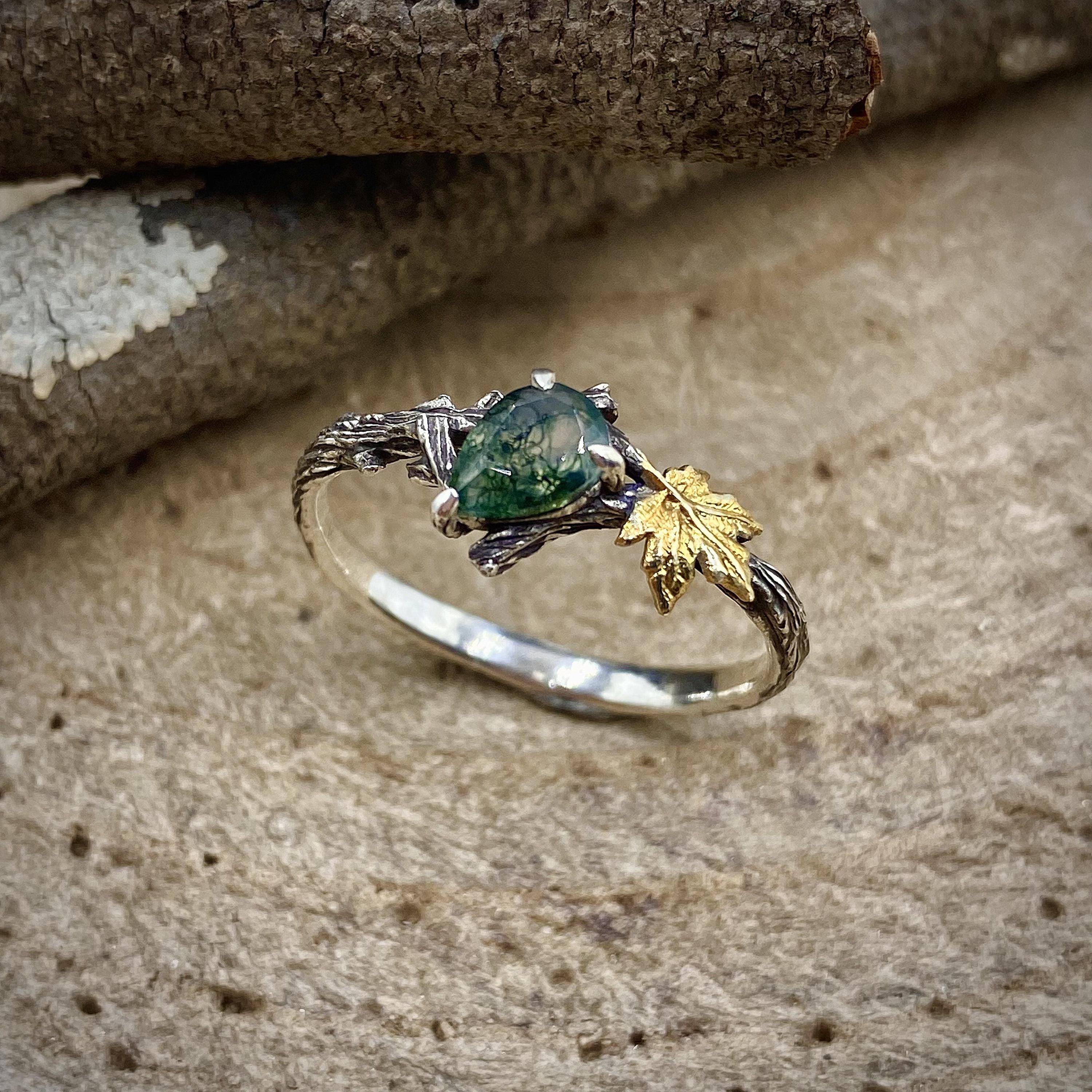 Natural moss agate sterling silver maple leaf branch ring, hand-carved with bark texture, personalized engagement ring, wedding twig ring