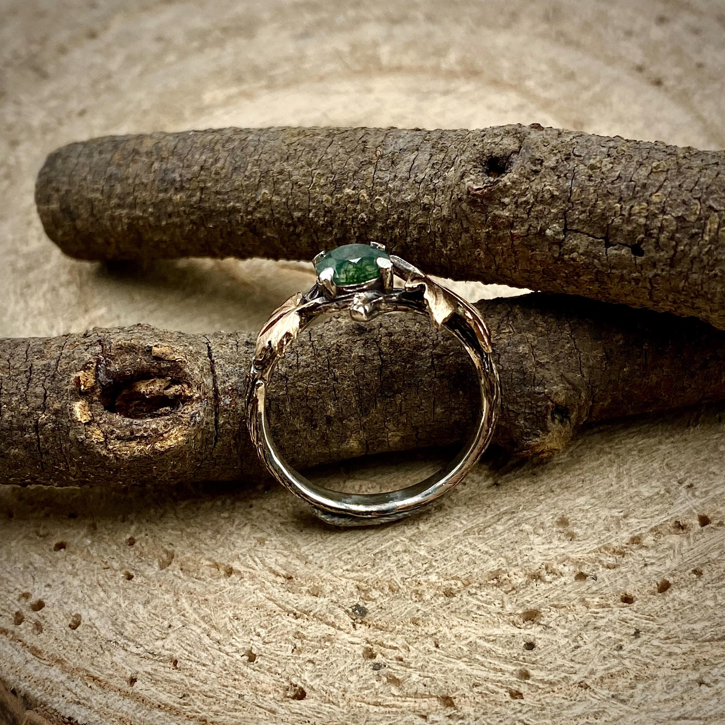 Hand Carved Sterling Silver Moss Agate Ring: Maple Leaf Twig Design, Tree Branch Ring, Engagement Gift, Wedding bridal band, Vintage