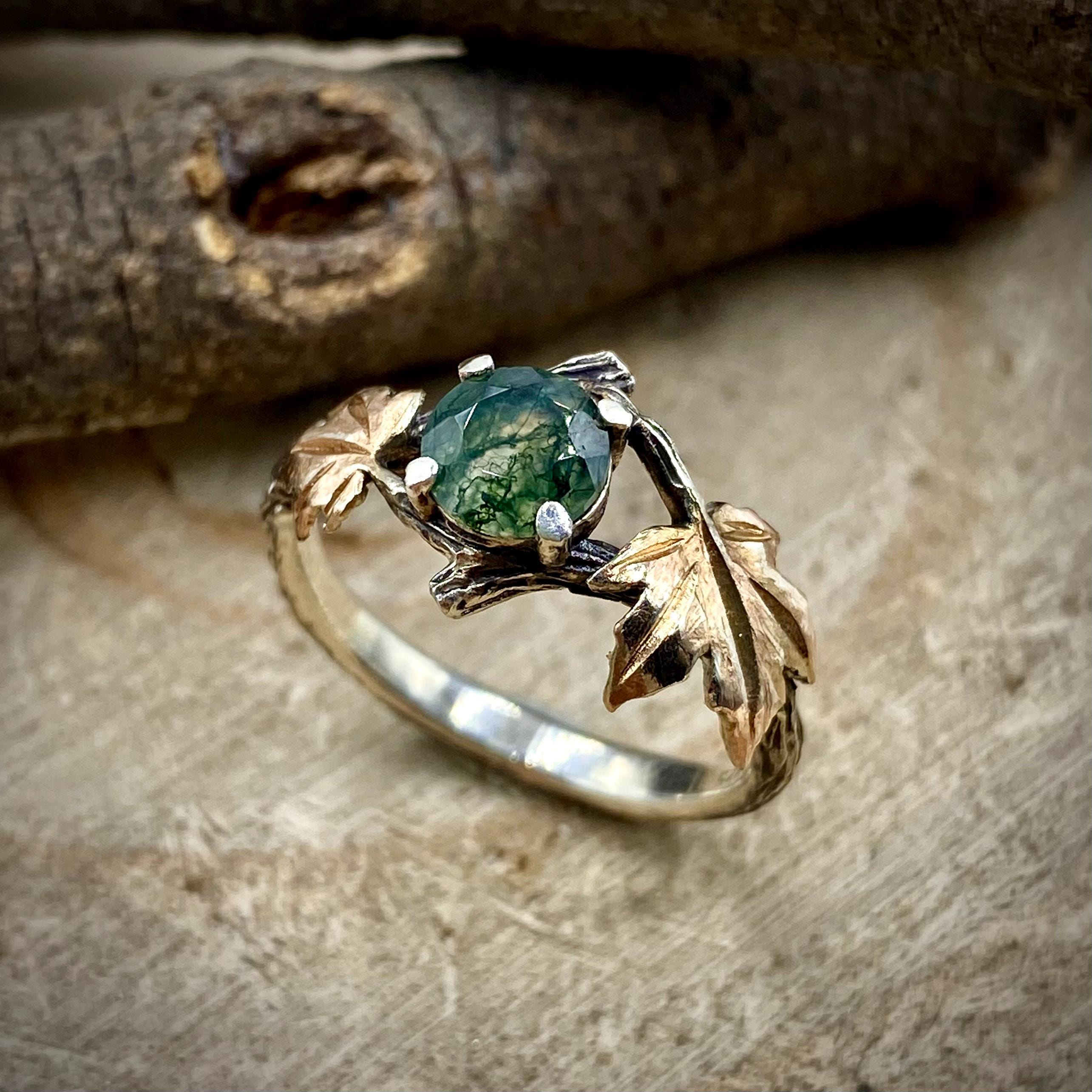 Hand Carved Sterling Silver Moss Agate Ring: Maple Leaf Twig Design, Tree Branch Ring, Engagement Gift, Wedding bridal band, Vintage