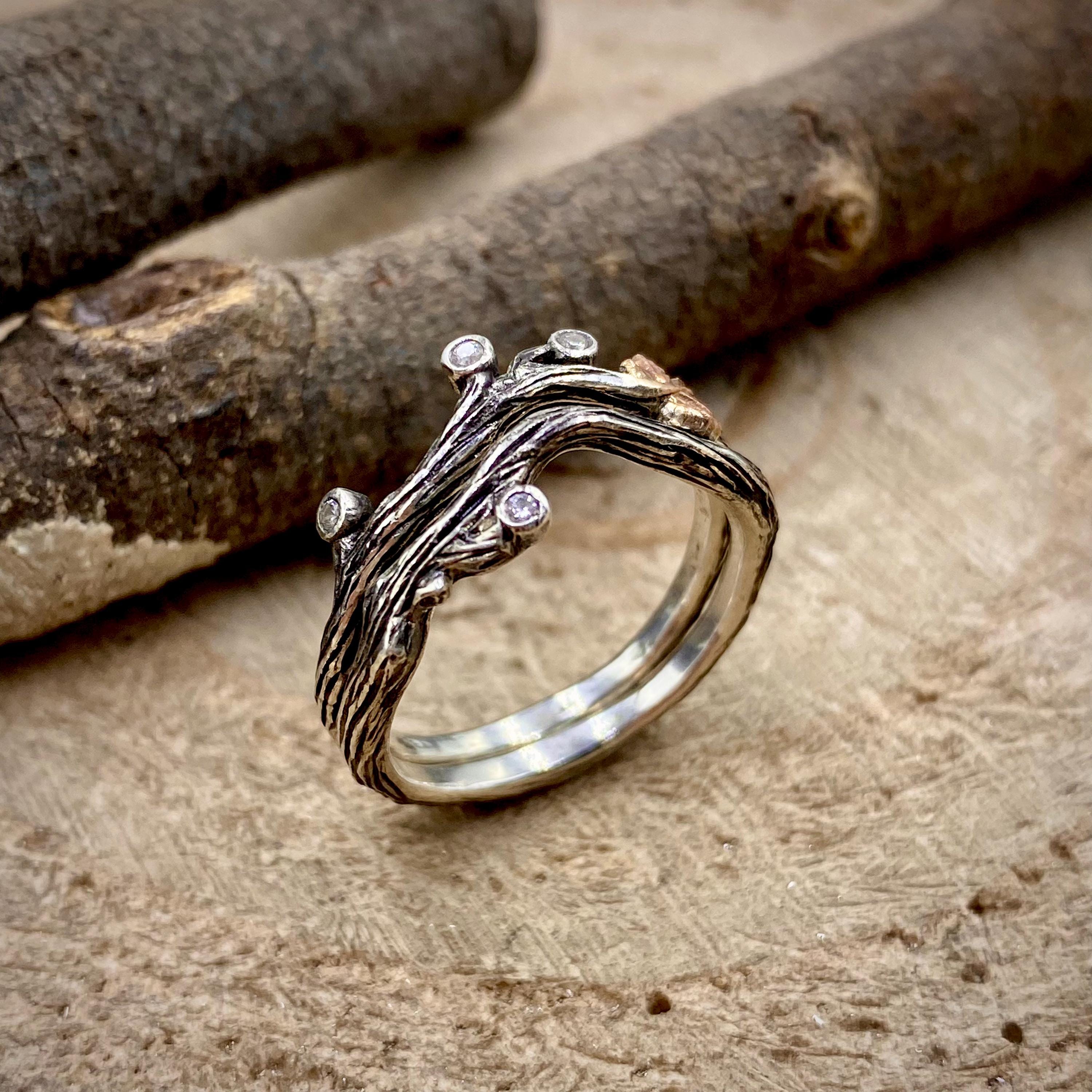 Sterling silver twig and leaf ring, nature-inspired maple leaf ring, vine wedding ring, enchanted forest ring, tree branch ring
