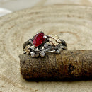 Unique natural inspiration pure silver branch ring set, maple leaf ruby engagement ring set, branch leaf stacking ring set, promise ring