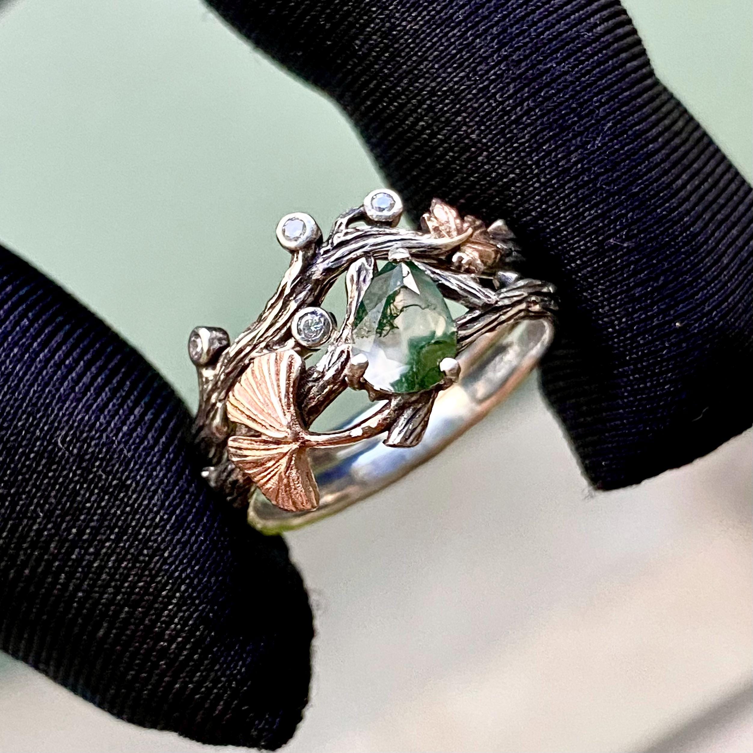 Moss Agate Leaf Ring: Sterling Silver Branch Ring, Forest Art, Stacking band, ginkgo,maple, vine, with stone, for women, unique, vintage