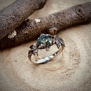 Sterling silver hand-carved branch ring, unique woodland maple leaf ring, natural moss agate wedding twig ring, anniversary ring